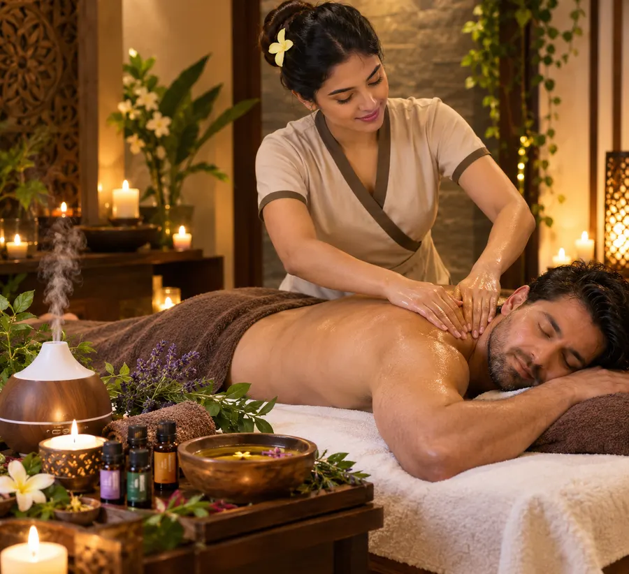 Aroma therapy massage with essential oils and a diffuser