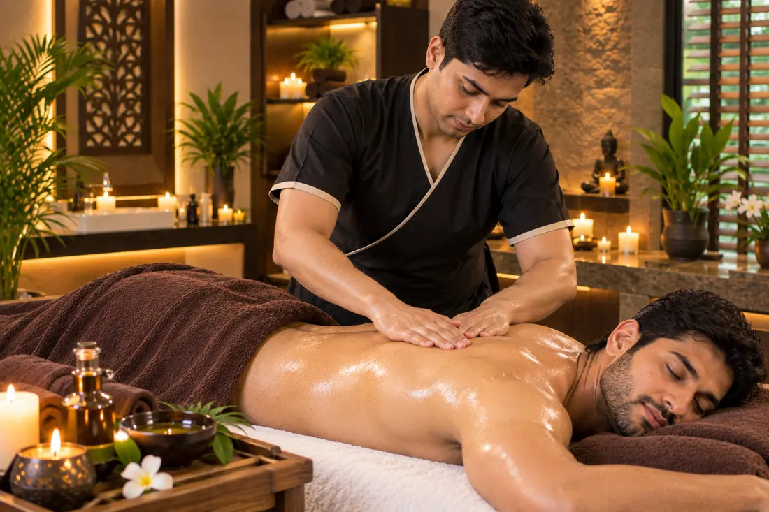 Spa body massage with oils and candles