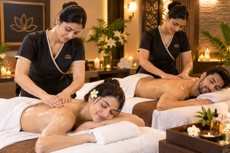 Couples massage in a candlelit HEAVEN SPA treatment room