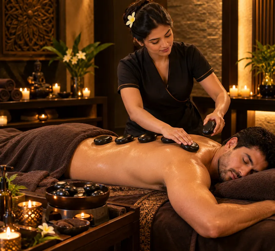 Hot stone massage with black stones along the back