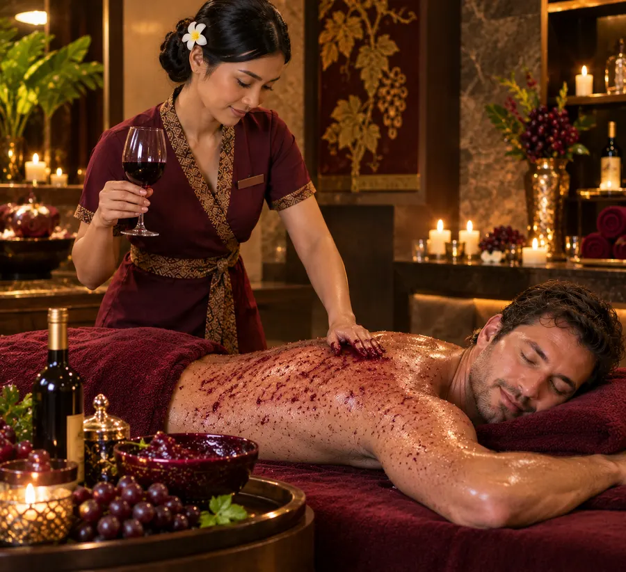 Red wine therapy body treatment with grapes