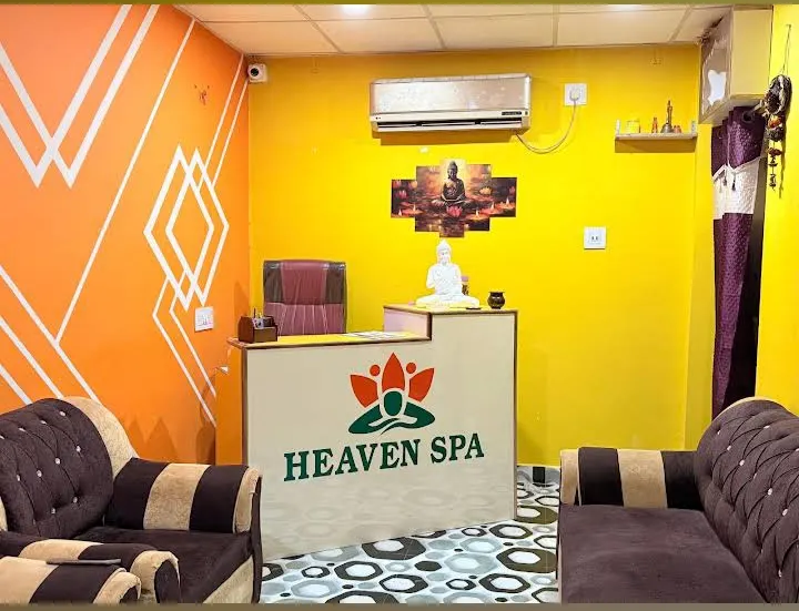 HEAVEN SPA reception desk with the lotus logo