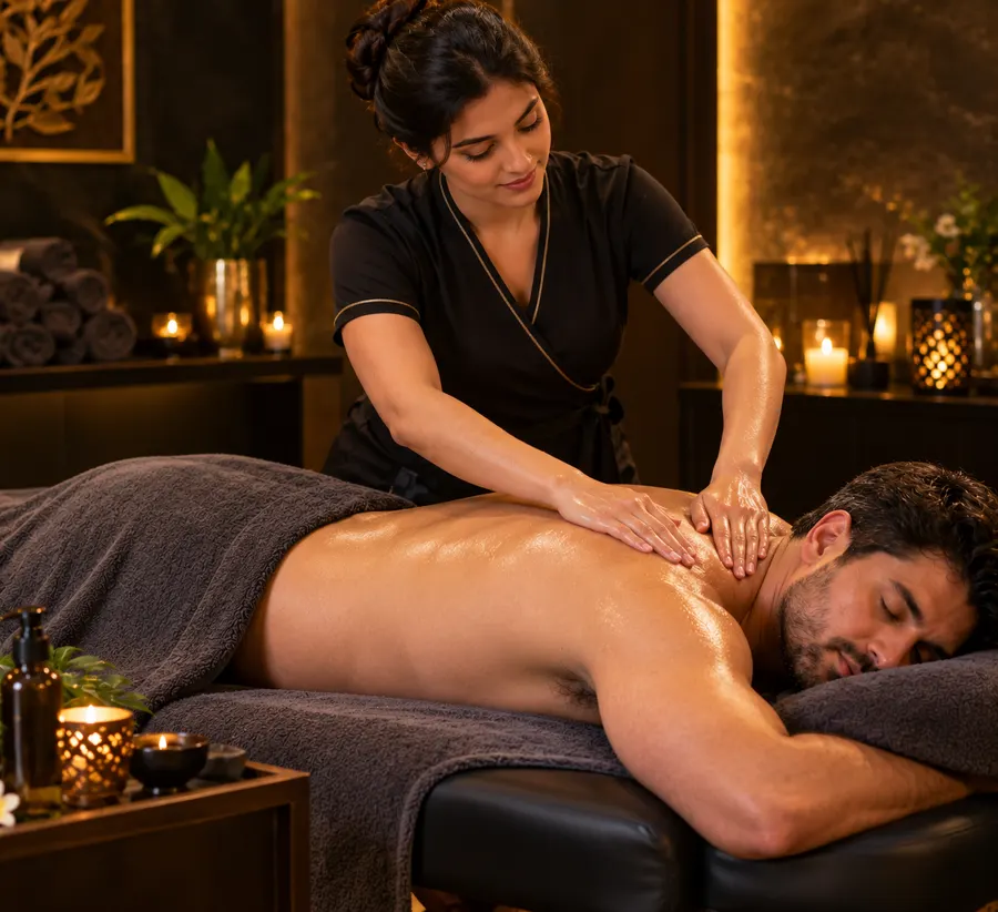 Swedish massage on a dark towel-covered bed
