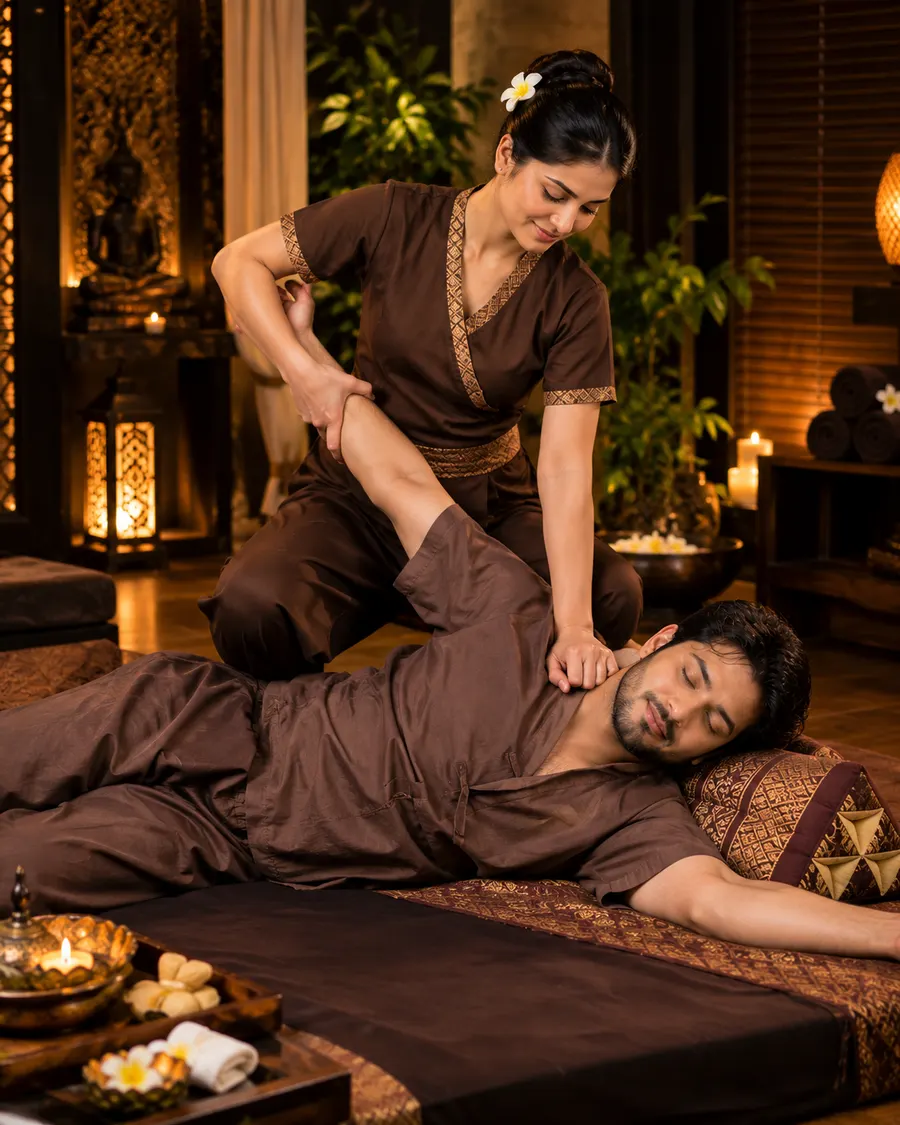 Thai massage with gentle stretching on a floor mat